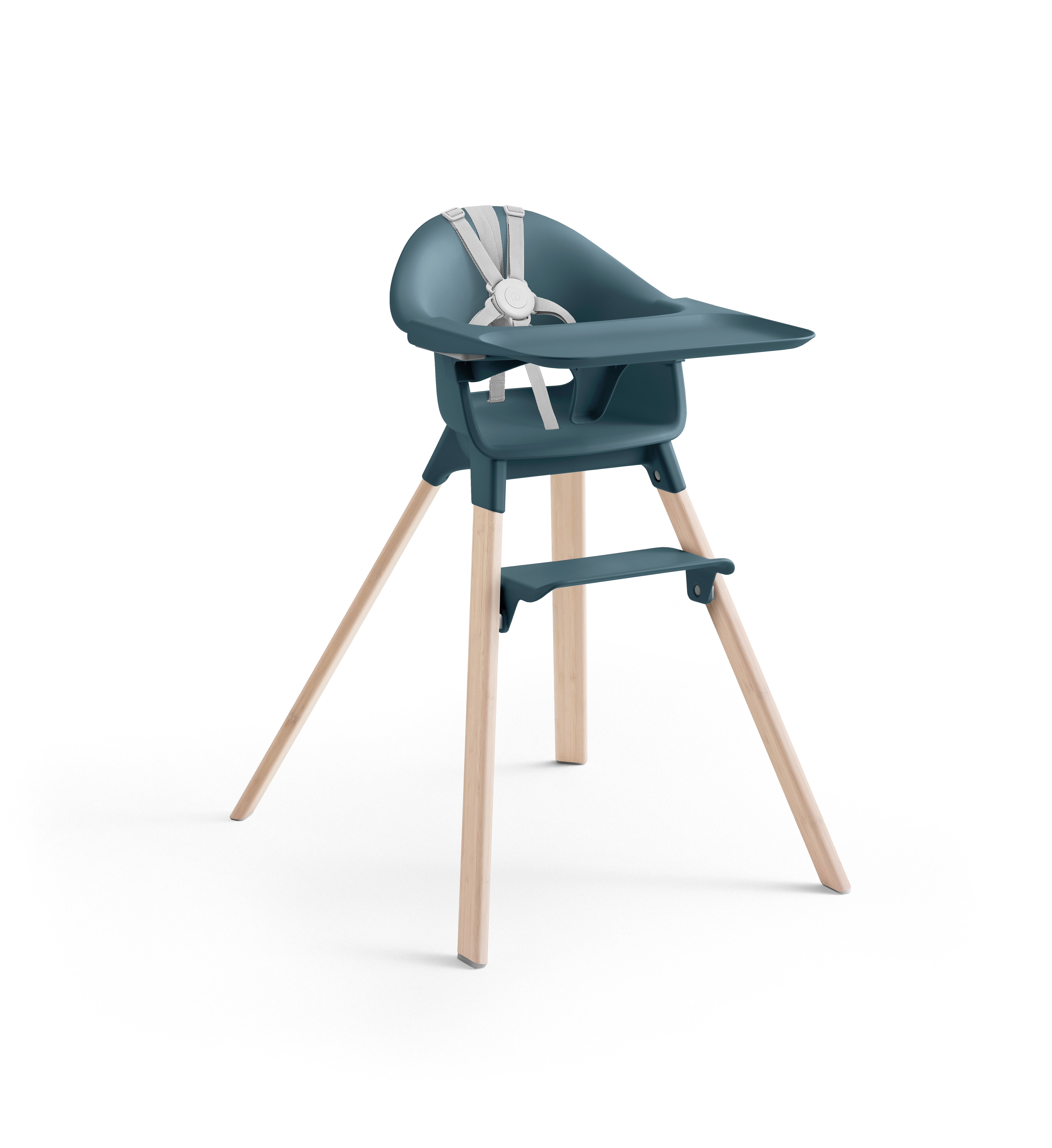 Stokke Clikk High Chair Bamboo/Fjord Blue with Harness Beige. Tray.