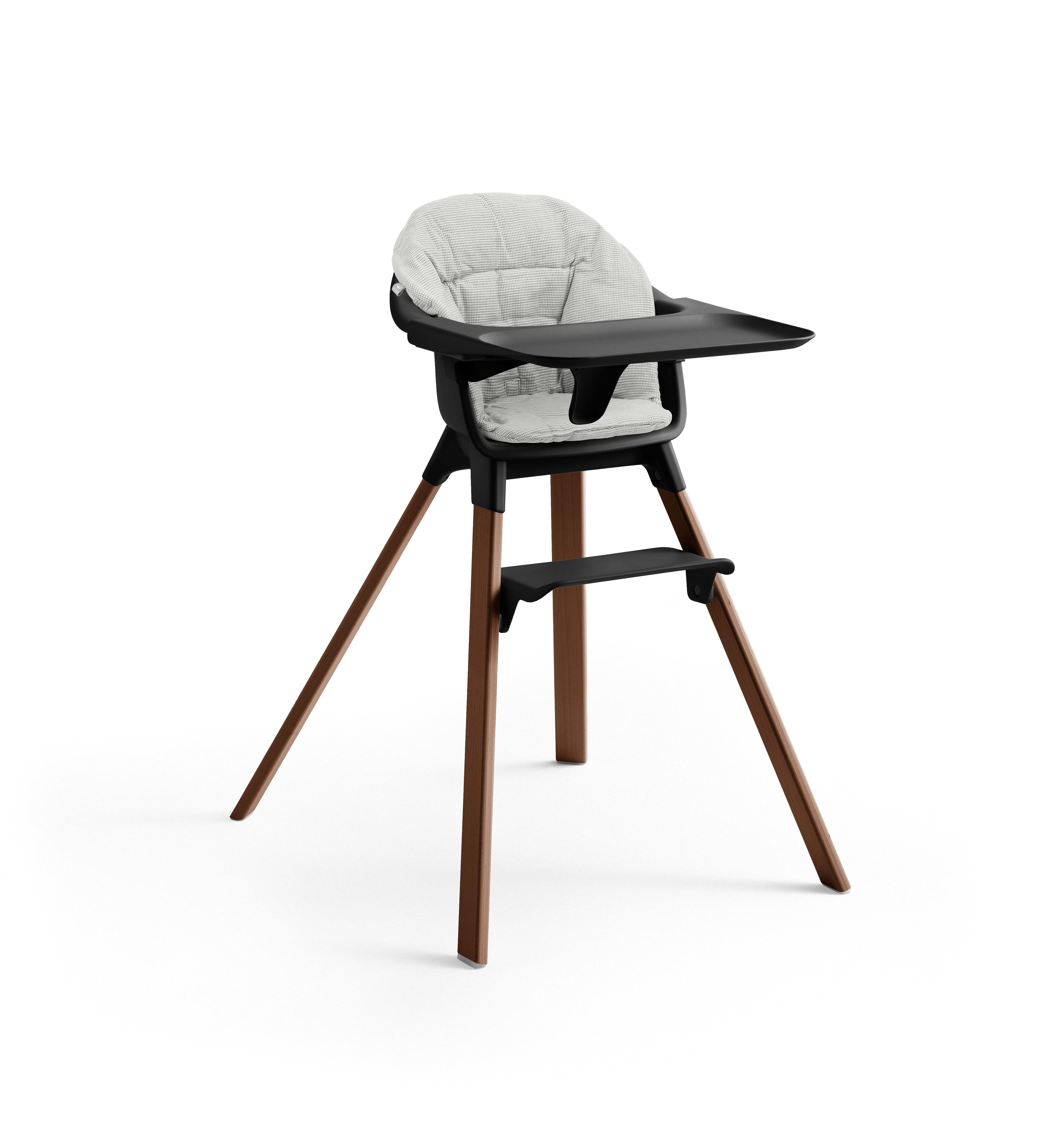 Stokke® Clikk™ High Chair, Warm Brown / Black. Cushion Nordic Grey. Tray.